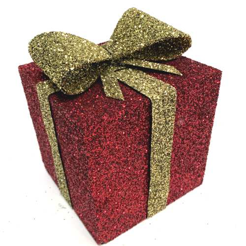 150mm cube polystyrene present - with glittered ribbon and bow